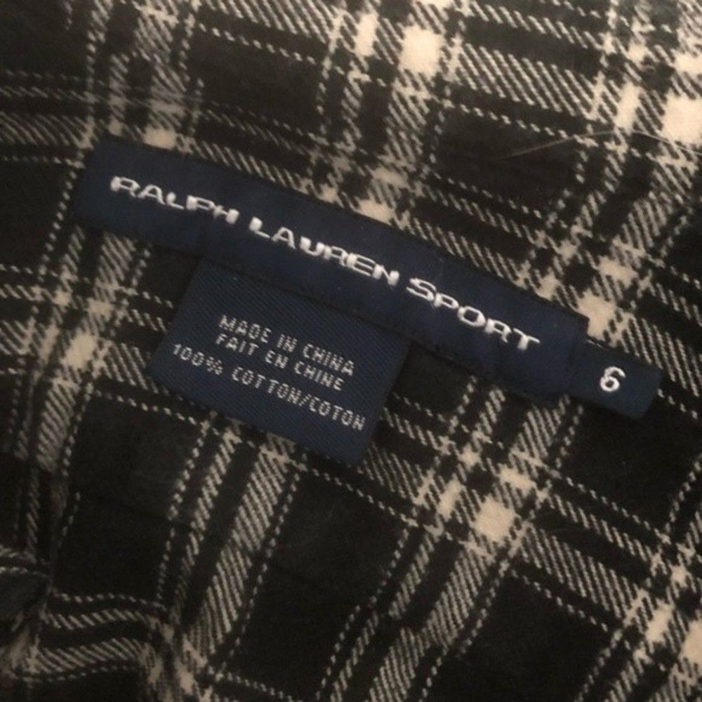 RALPH LAUREN SPORT Black White Flannel Plaid Ruffle Button Shirt Top Size 6 - Picture 4 of 9